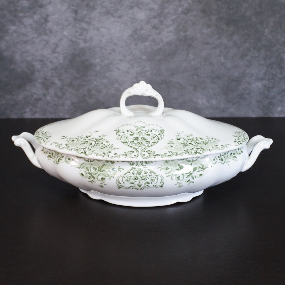 Antique Floral Transferware Green & White Lidded Vegetable Dish Tureen